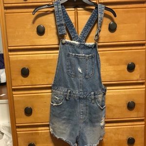 Distressed denim overall shorts